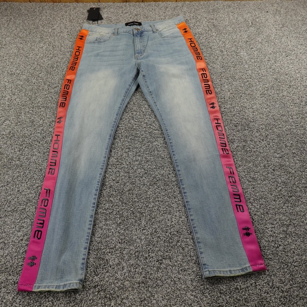 NEW Homme Femme Jeans Mens 38X32 Dark Blue Denim Pants Straight Leg Stretch Fade